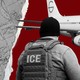 Illustration showing black-and-white cutout images of an ICE officer, a deportation plane, and a map of the southern United States down to Central America.