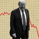 A montage of Donald Trump in front of a red fever chart heading down