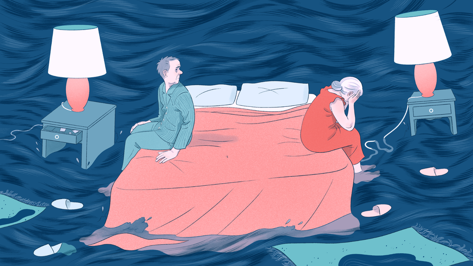 An illustration of a husband and wife sitting on opposite sides of a bed that's floating in open water.