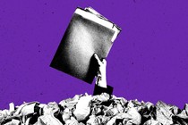 Illustration of a hand coming out of a pile of garbage, holding a file folder