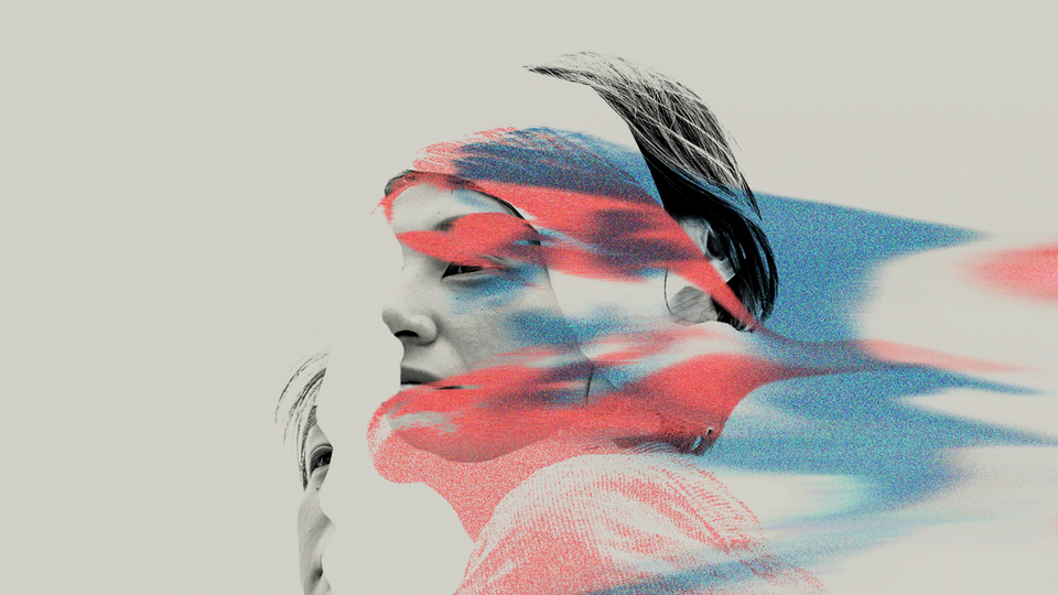 A woman's face with a piece broken off it is blown away in red and blue winds