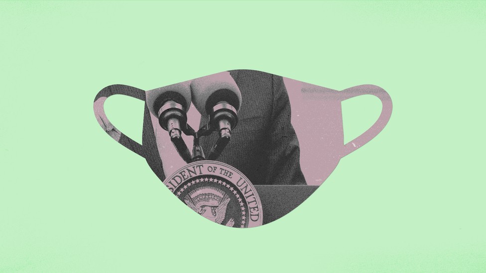 A mask-shaped cutout of a photo of a podium featuring the U.S. presidential seal