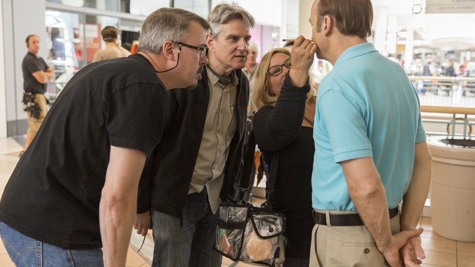 'Better Call Saul' creators Vince Gilligan and Peter Gould on set with actor Bob Odenkirk