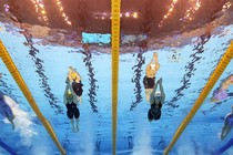 Four female swimmers divided by yellow lanes in the pool