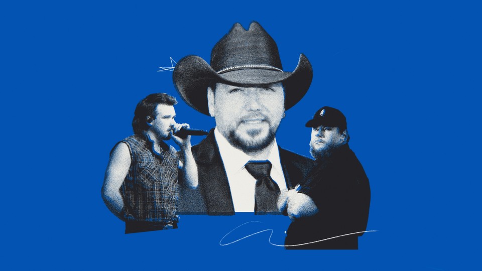 A collage of the country singers Morgan Wallen (left), Jason Aldean (center), and Luke Combs