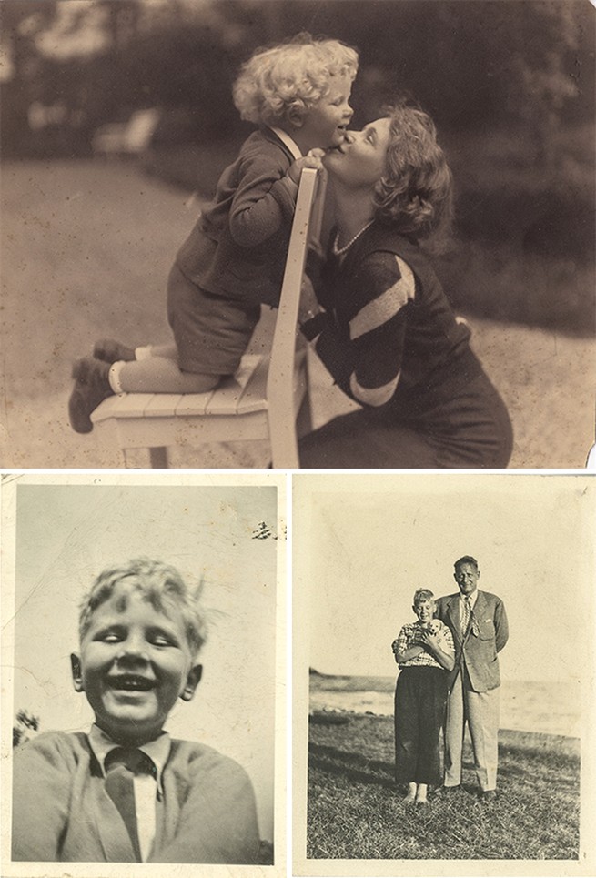 3 photos: a curly haired toddler in short pants kneels on a chair as his mother kisses him; a childhood photo of Johnny laughing; a photo of father and son, holding a puppy, near a shoreline