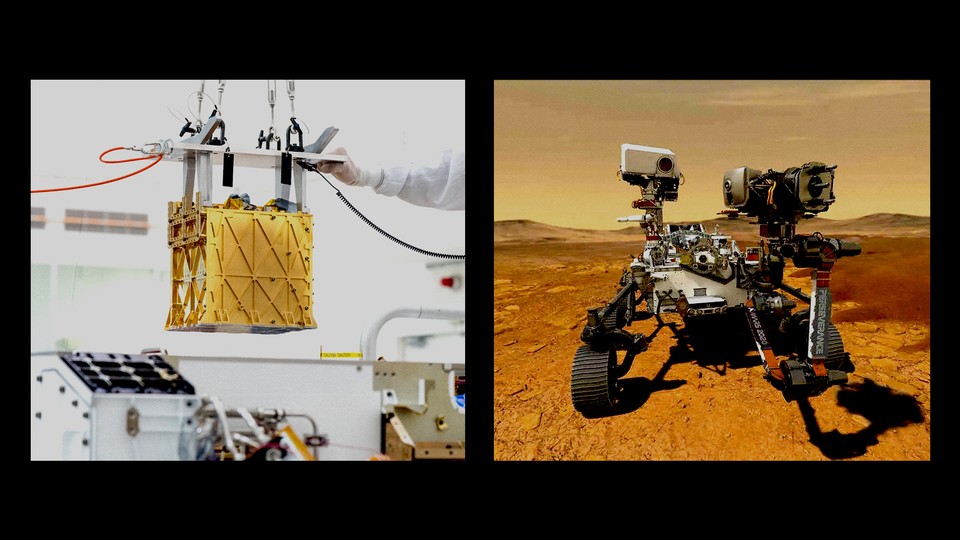 The gold moxie box is examined in a lab; the Perseverance rover carries it on Mars