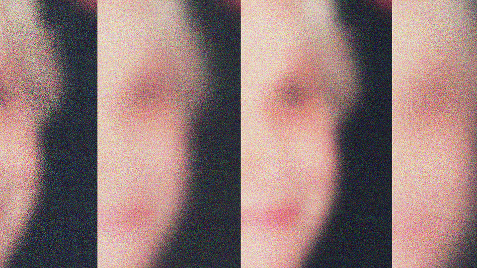 Blurry panels of someone's face in front of a black background