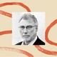 A black and white headshot of Marty Baron, surrounded by an illustrated border