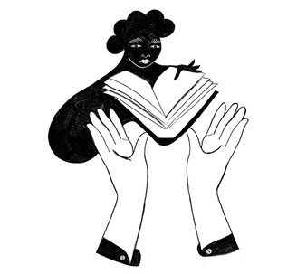 illustration of a person reading a book with hands reaching for the book