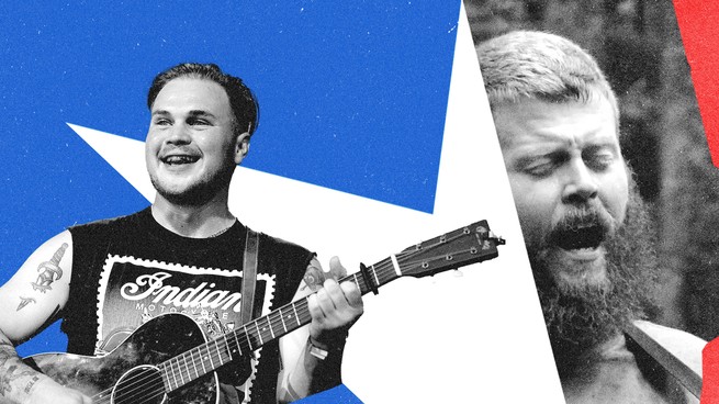 Black-and-white images of Oliver Anthony and Zach Bryan playing guitar and singing, collaged with abstract red, white, and blue graphic elements