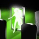 A figure coming out of a headstone that looks like a smartphone with a glowing screen