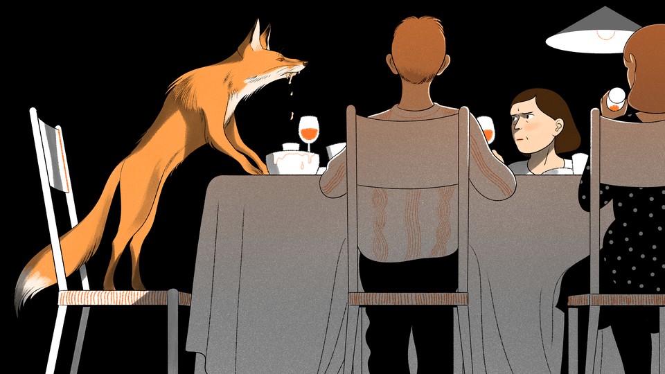 An illustrated fox drooling at a thanksgiving table