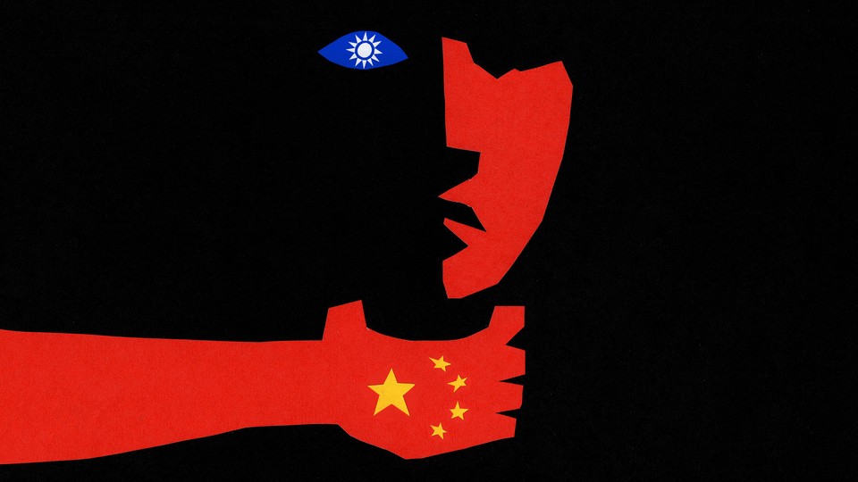 An illustration of a hand with the Chinese flag around the neck of a face represented by a Taiwan flag