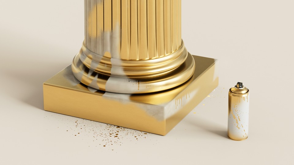 The base of a column spray-painted in gold; some of the white marble beneath is showing.