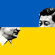 A Ukrainian flag with images of Xi Jinping and Vladimir Putin