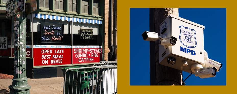 Diptych: a red and blue restaurant window; a memphis pd sky camera