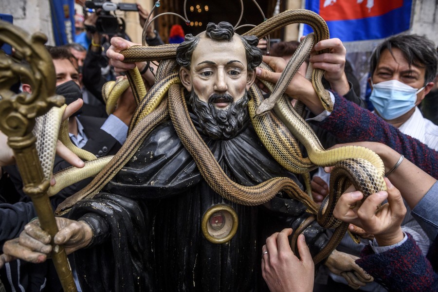A crowd of people place snakes on a statue of a saint.
