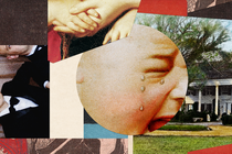 A photo collage of a crying baby, a mansion, hands and a wealthy father and son