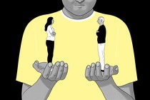 A man holds a man and a woman in his hands