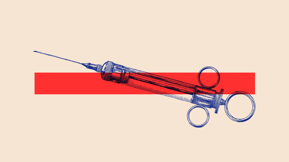 Illustration of a syringe superimposed on a red horizontal line