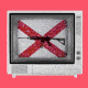 a white television showing a rifle with a large red x over it on a staticky screen, all against a pink-orange background