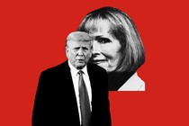 Cutout black-and-white images of Donald Trump and E. Jean Carroll on a red background