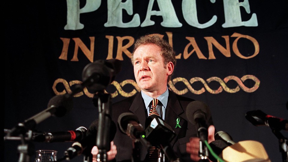 Sinn Fein chief negotiator Martin McGuinness answering journalists' question during a press conference in London in February 1998