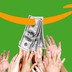 Hands grabbing for $100 bills pierced by the Amazon arrow