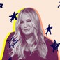 Photo illustration of Jennifer Coolidge surrounded by drawings of navy-blue stars