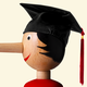 a Pinocchio toy wearing a graduation cap