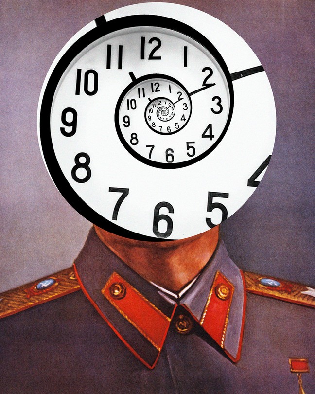 A bust of Stalin with a spiraling clock over his face.
