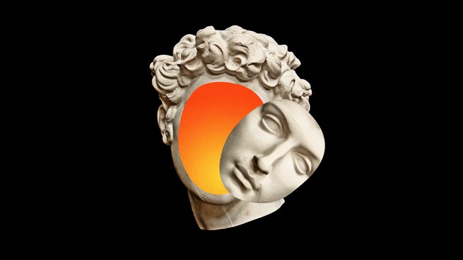 Statue with face lifting off to reveal orange hole