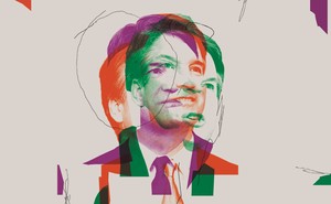 Illustration: 3 overlapping images of Brett Kavanaugh with different facial expressions (one green, one red, one purple)