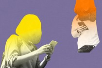 A graphic of black-and-white cut-out photos of young people using smartphones on a purple background