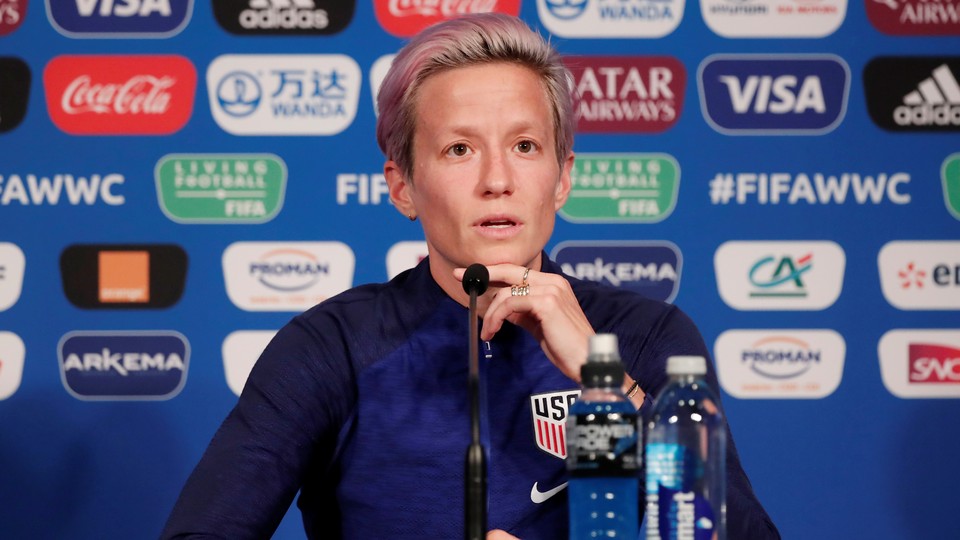 Megan Rapinoe answers questions during a Team USA press conference