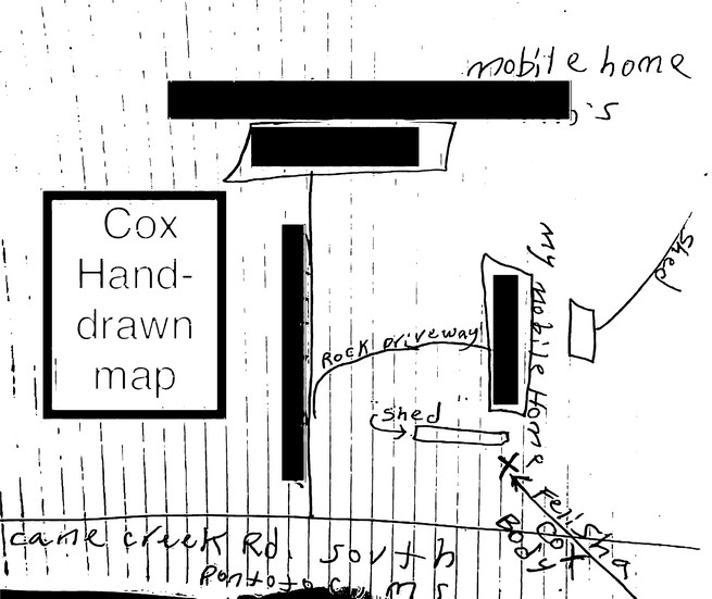 map on lined paper with labels "mobile home," "rock driveway," "shed," and arrow to "X" with "Felisha Cox Body"