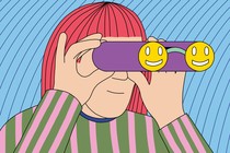 An illustration of a person looking through binoculars with smiley-face lenses