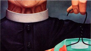 A painting of a collared man (no head) holding up a black wire hanger with an aqua shirt covered in an orange-red flower pattern