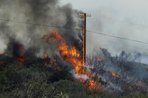 A pole supporting electric wires goes up in flames in a wildfire.