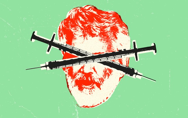 Collage of Robert Malone's face and criss-crossed syringes