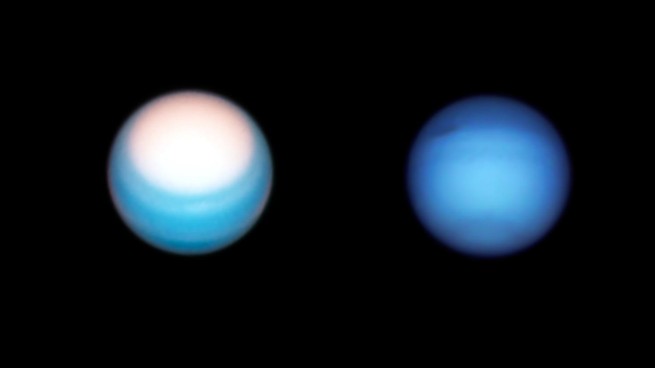 Side-by-side images of Uranus and Neptune, taken by the Hubble Space Telescope