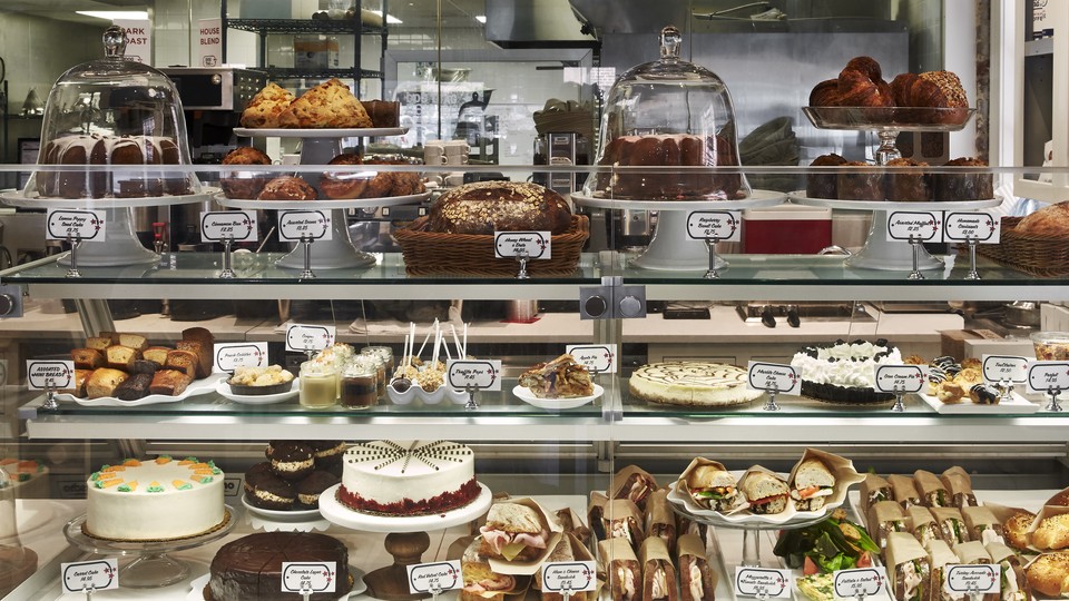 Bakery items in a glass case