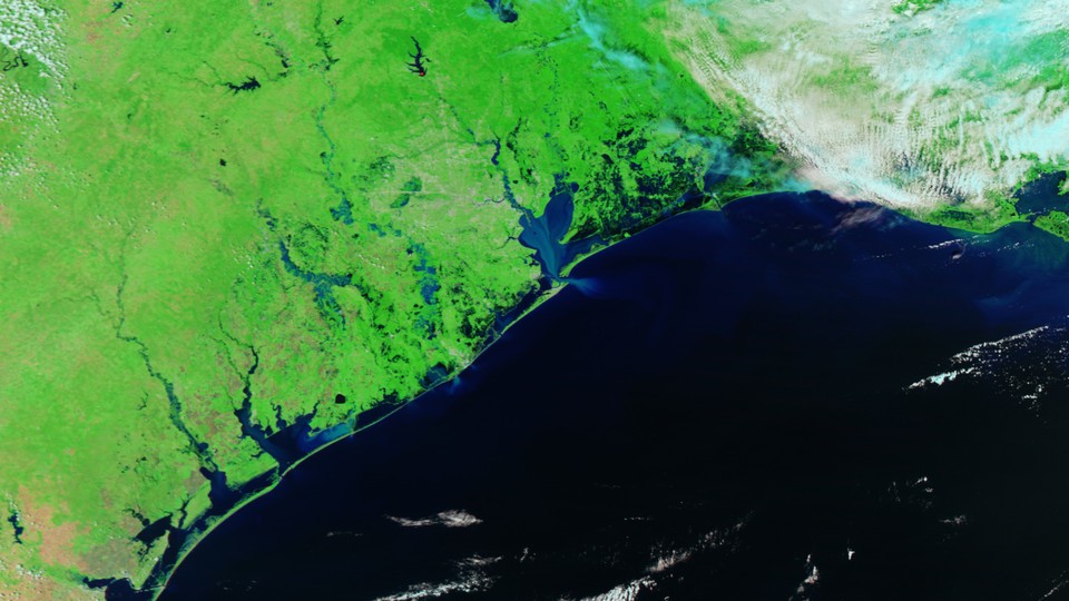 A false-color satellite image of flooding after Hurricane Harvey 