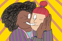 Illustration of a woman with curly black hair holding the head of a red-haired woman so that their cheeks touch, as a white smiley face is overlayed in front of their embrace