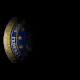 Animination of a spotlight briefly illuminating parts of an FBI seal in the shadows