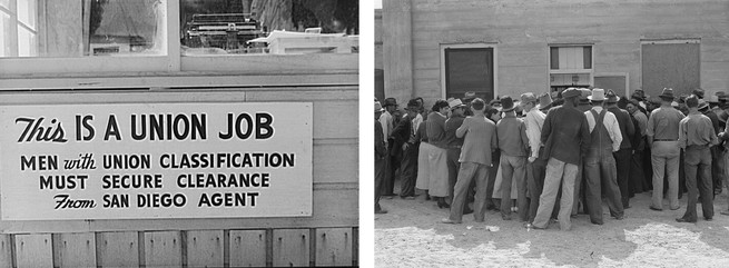 A union job posting and a group of men waiting for payday.