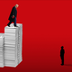 An illustration of Donald Trump standing atop the largest in a sequence of money piles, looking down at a man in silhouette.