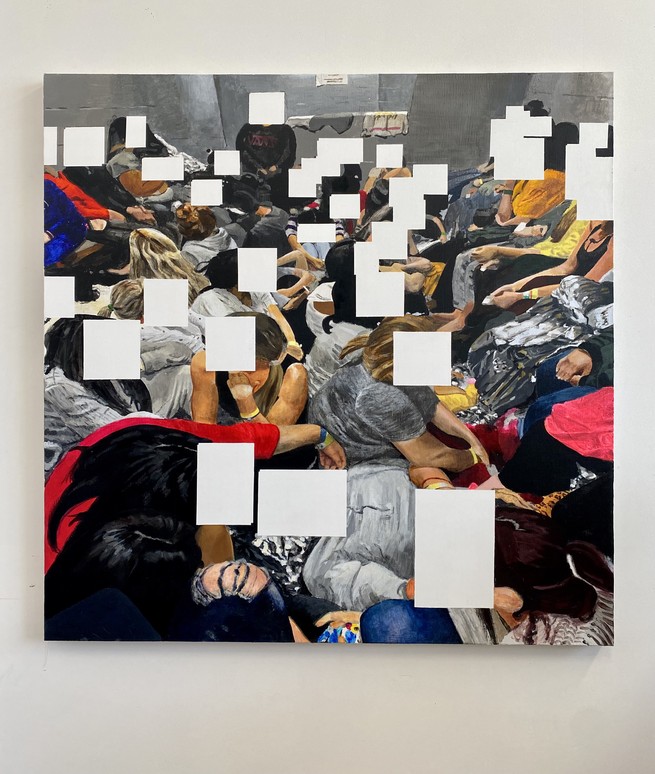 A painting of people crowded into a detention center, their faces obscured by white rectangles of different sizes