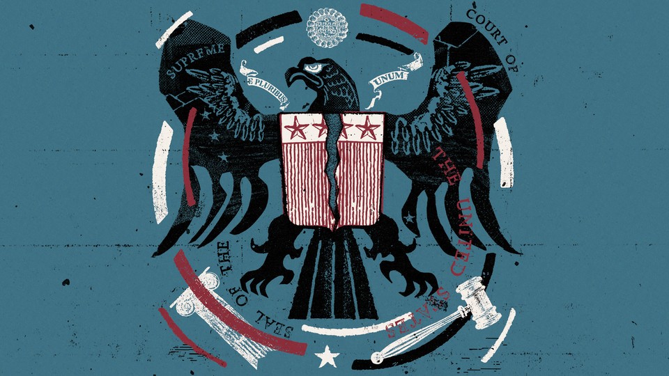 A drawing of a bald eagle decorated with references to the United States justice system breaks apart.